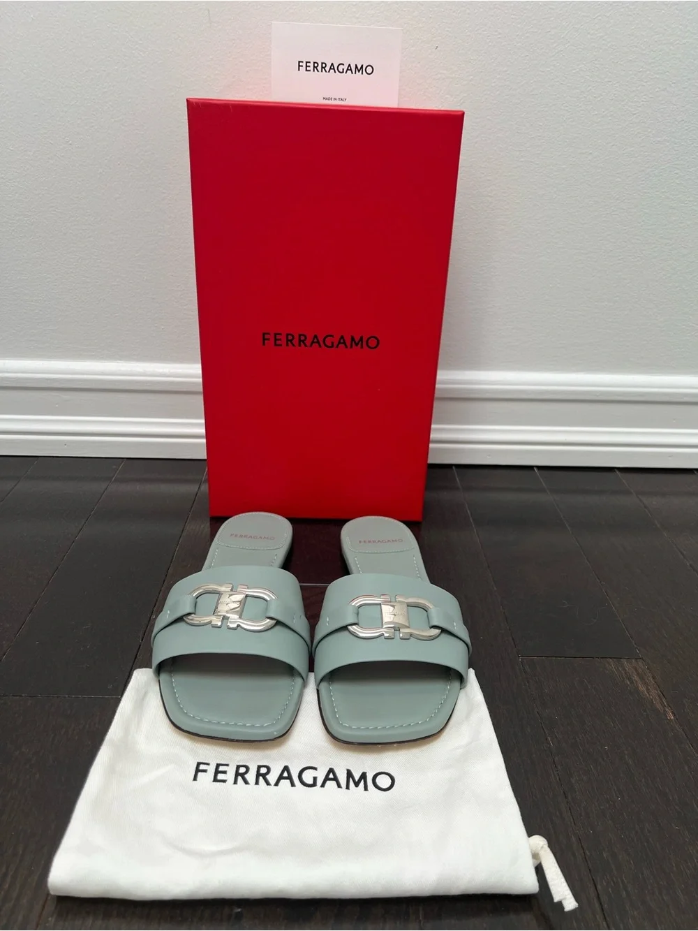 Salvatore Ferragamo Women's Leah Lucky Charm Gancini Slides, Mint Green, 7 C